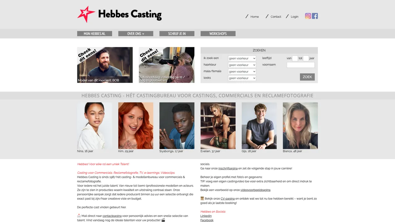 Hebbes Casting svetainės pirmasis puslapis