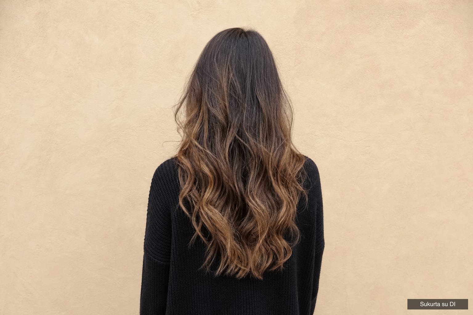 Ilgi banguoti rudi plaukai su balayage: šaknys natūralios, ilgyje ir galiukuose šviesesnės karamelės spalvos sruogos