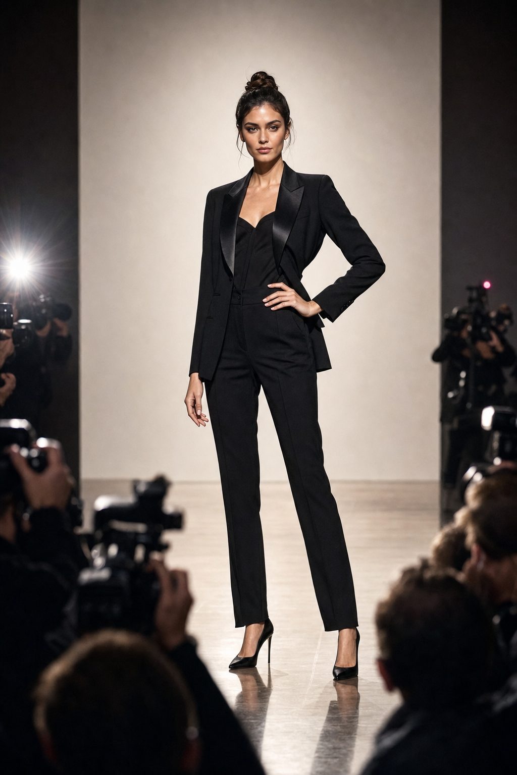Modelė podiumo gale laiko pozą fotografams, svoris ant vienos kojos