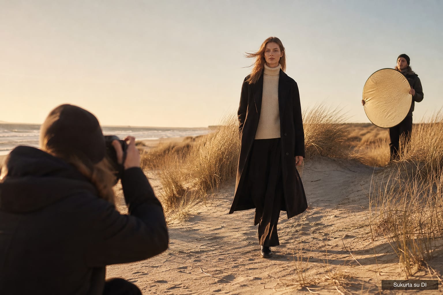 Redakcinė fotosesija lauke Redakcinė fotosesija pajūrio kopose: modelė ilgu juodu paltu eina vėjyje, priekyje pritūpęs fotografas, toliau asistentas su auksiniu atšvaitu