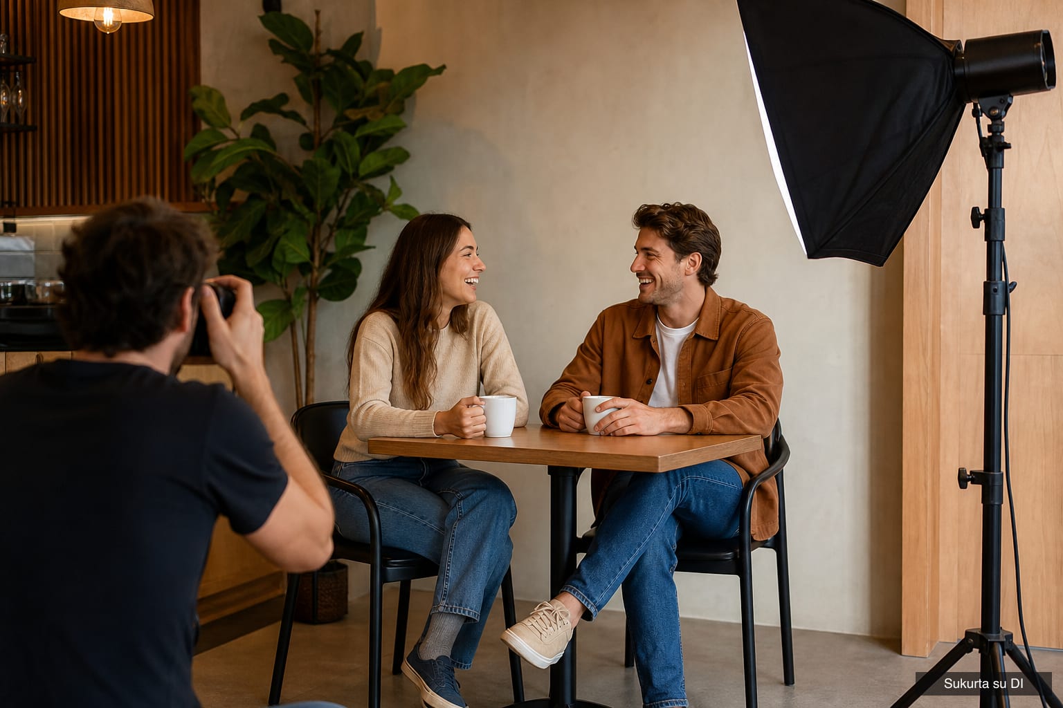 Reklamos fotosesija Reklamos fotosesija kavinės dekoracijoje: vyras ir moteris juokiasi prie staliuko su kavos puodeliais, priekyje fotografas, dešinėje šviestuvas