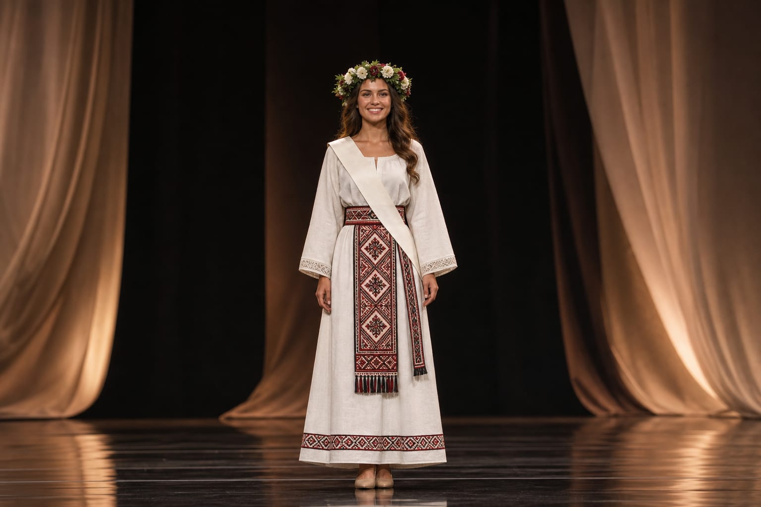 Konkurso dalyvė scenoje pozuoja tautinių motyvų įkvėptu kostiumu su raštuota juosta