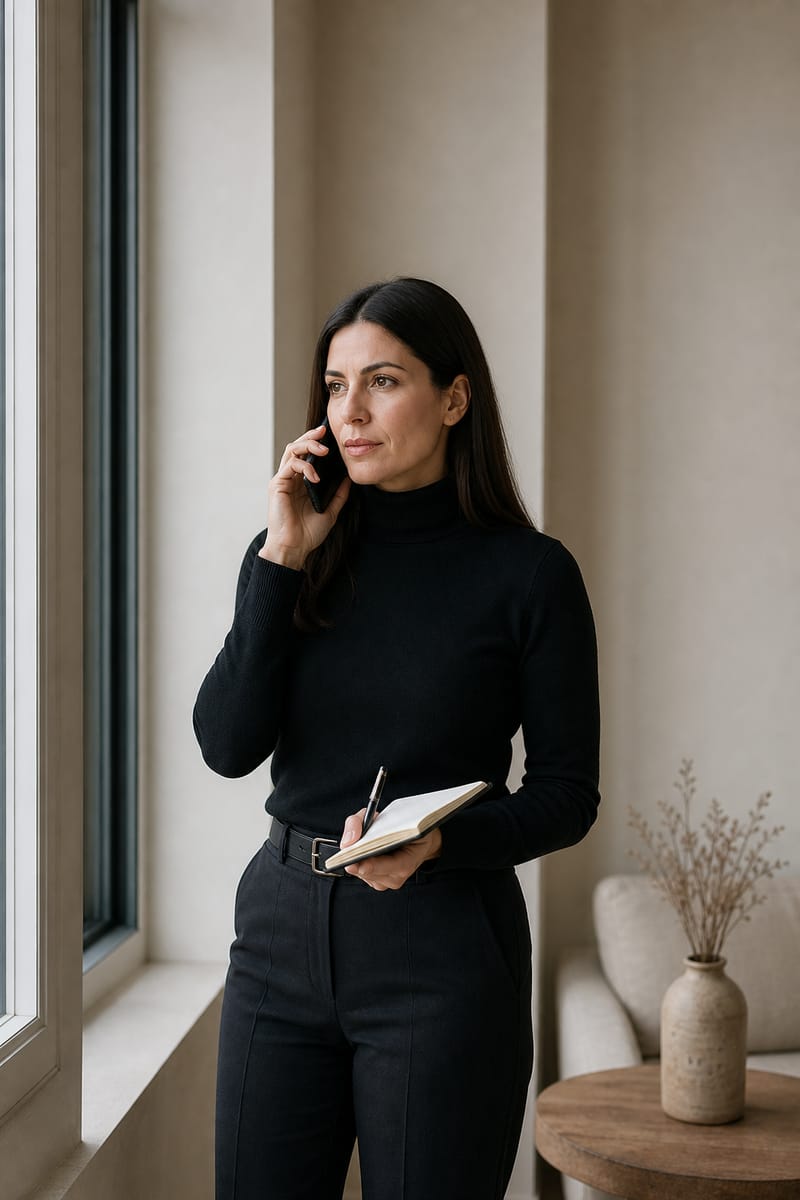 Talentų vadybininkė prie lango kalba telefonu ir užsirašo sandorio sąlygas į bloknotą