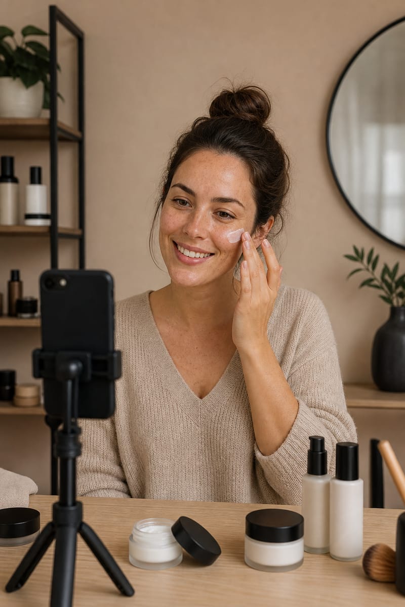 Grožio influencerė prie veidrodžio rodo kamerai, kaip tepa kremą ant skruosto