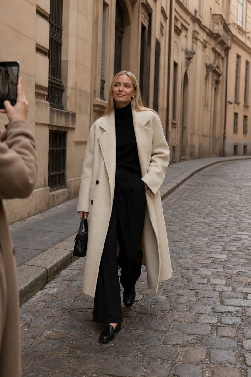 Mados influencerė pozuoja gatvėje su kreminiu paltu ir juodomis kelnėmis, filmuojama telefonu