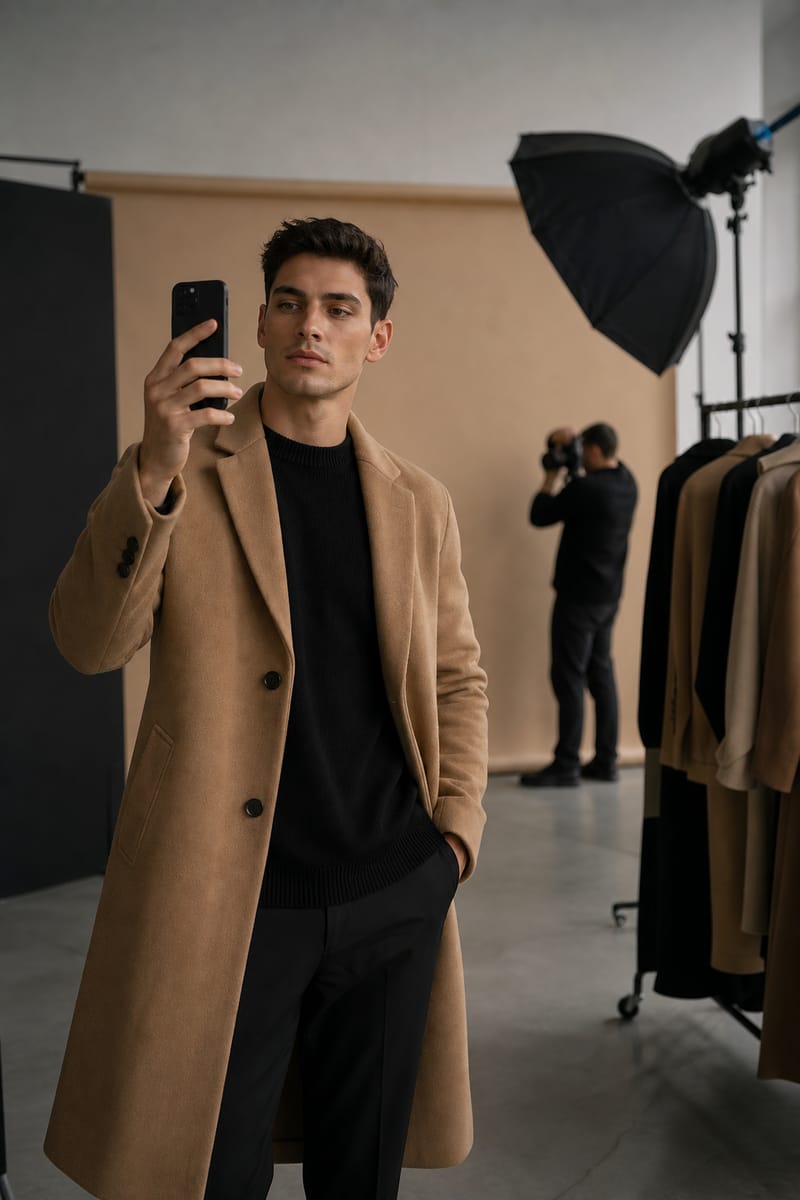 Vyras modelis rudu paltu fotosesijos metu filmuoja trumpą užkulisių vaizdo įrašą telefonu, fone fotografas ir šviesos dėžė
