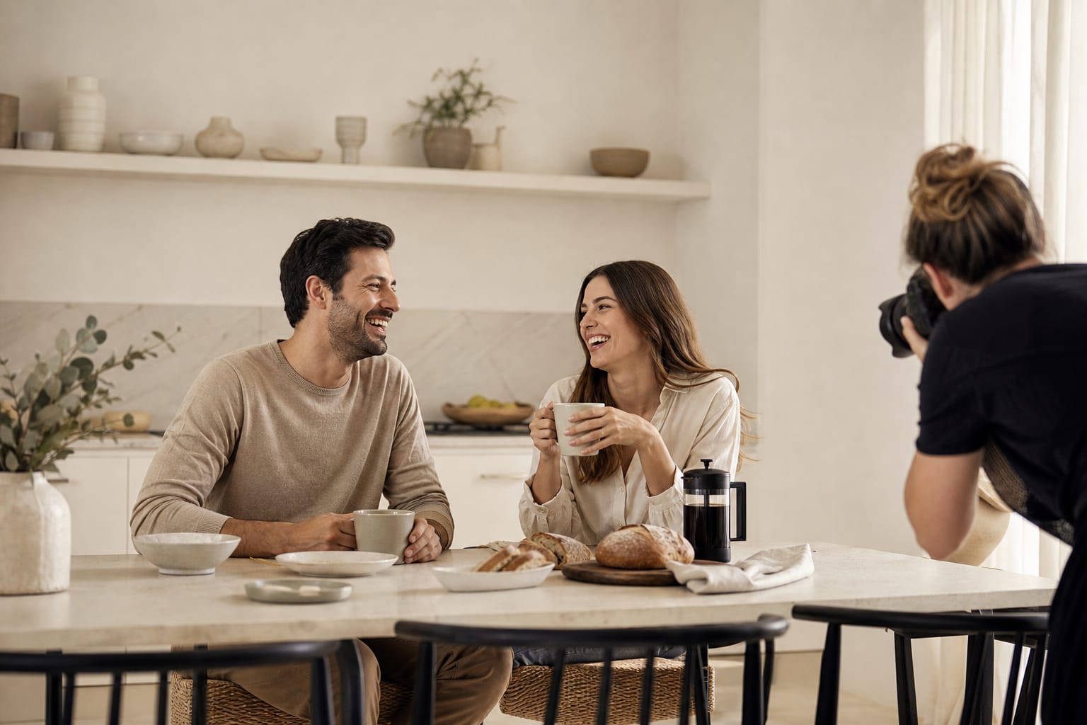 Reklamos fotosesija Reklamos fotosesija: modelis ir modelė juokiasi prie pusryčių stalo šviesioje virtuvėje, šalia stovi fotografas