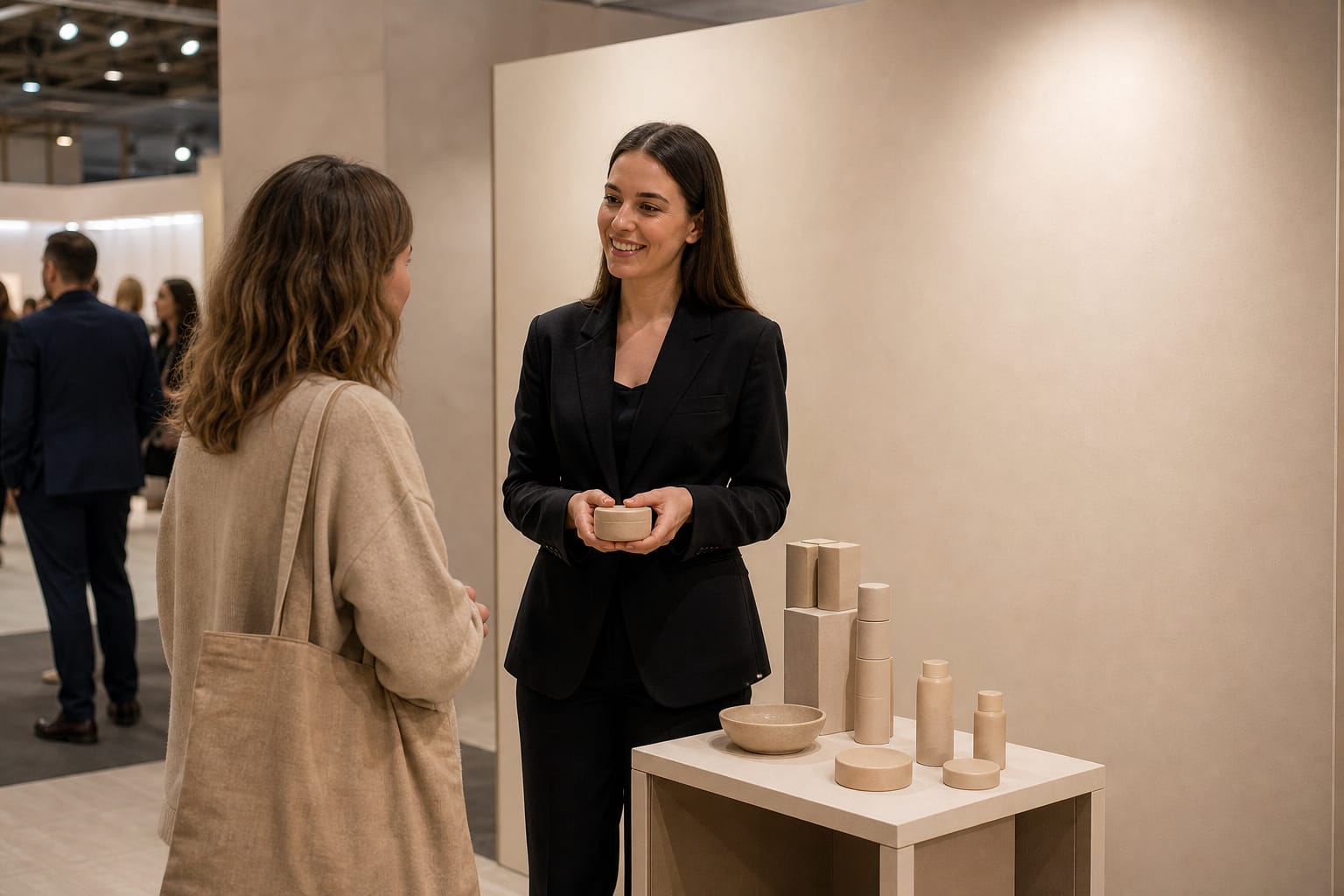 Promo modelis parodoje Promo modelė juodu kostiumėliu parodoje kalbina lankytoją prie tuščio šviesaus stendo