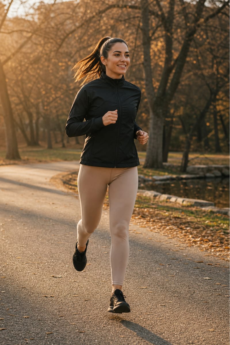 Sporto aprangos kampanija lauke Fitneso modelė bėga parko taku sporto aprangos kampanijos fotosesijoje