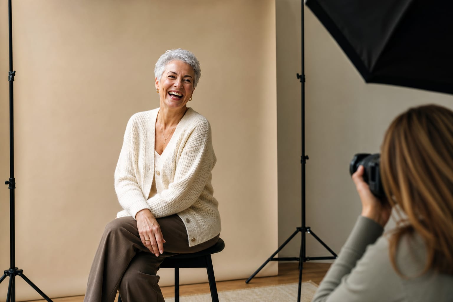 Žilaplaukė vyresnio amžiaus modelė reklamos fotosesijoje