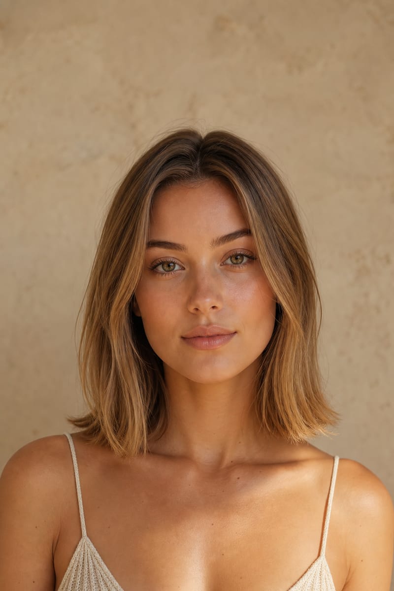 Žemo ūgio modelės beauty kadras: veidas, kaklas ir pečiai šiltame neutraliame fone